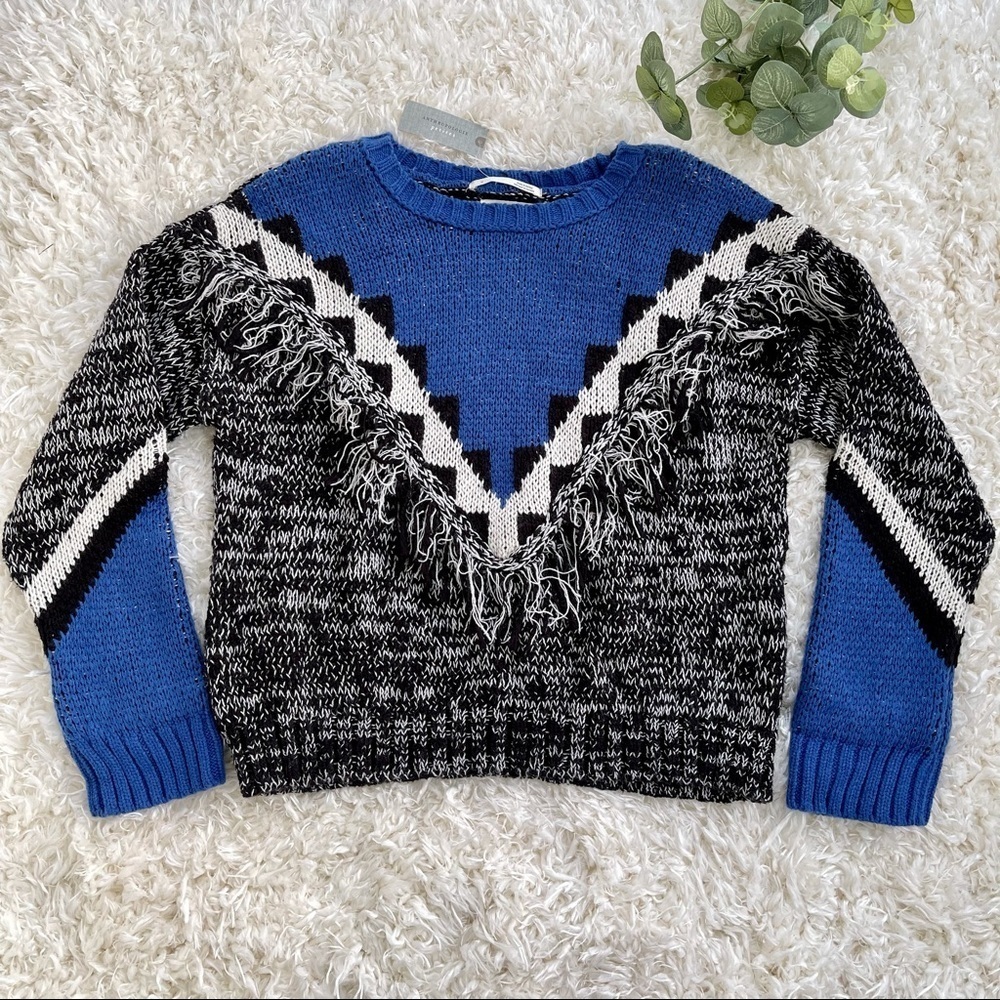 NWT Anthropologie Miska Blue Fringe Knit Sweater Women’s Medium Petite